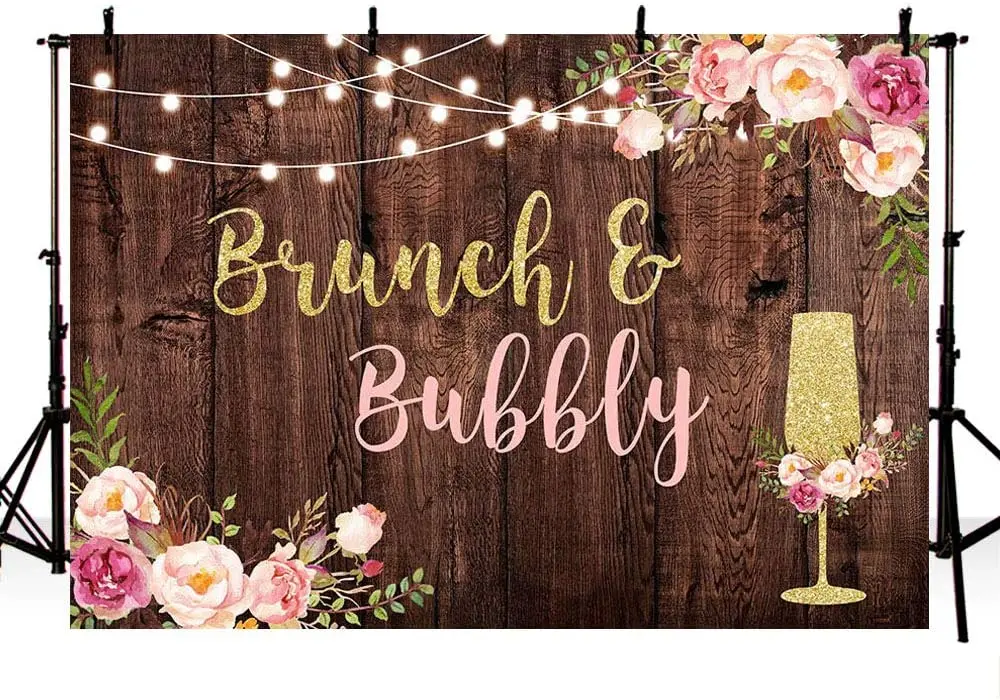 Brunch and Bubbly Bridal Shower Party Backdrop Studio Rustic Brown Wood Glitter Rose Pink Floral Gold Champagne Background 
Brunch and Bubbly Bridal Shower Party Backdrop Studio Rustic Brown Wood Glitter Rose Pink Floral Gold Champagne Background