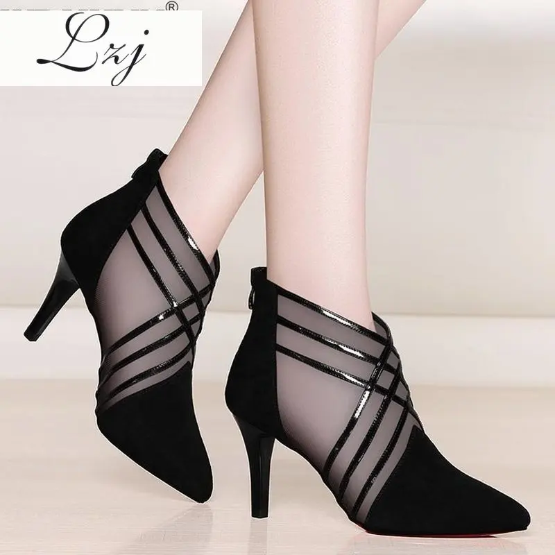 

Fashion Mesh Lace Crossed Stripe Women Ladies Casual Pointed Toe High Stilettos Heels Pumps Feminine Mujer Sandals Shoes
