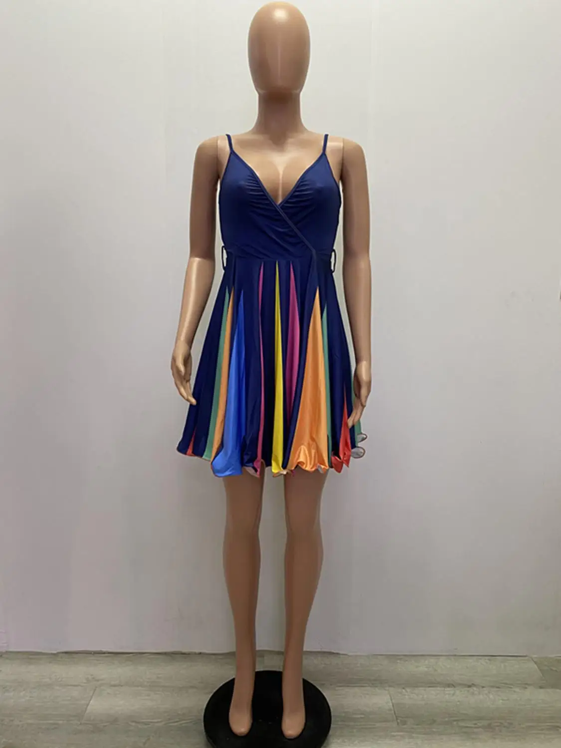 

Rainbow Colorful Striped Spaghetti Straps Dress Women Sexy Plunge V Neck Open Back Mini Summer Beach Dresses Clubwear