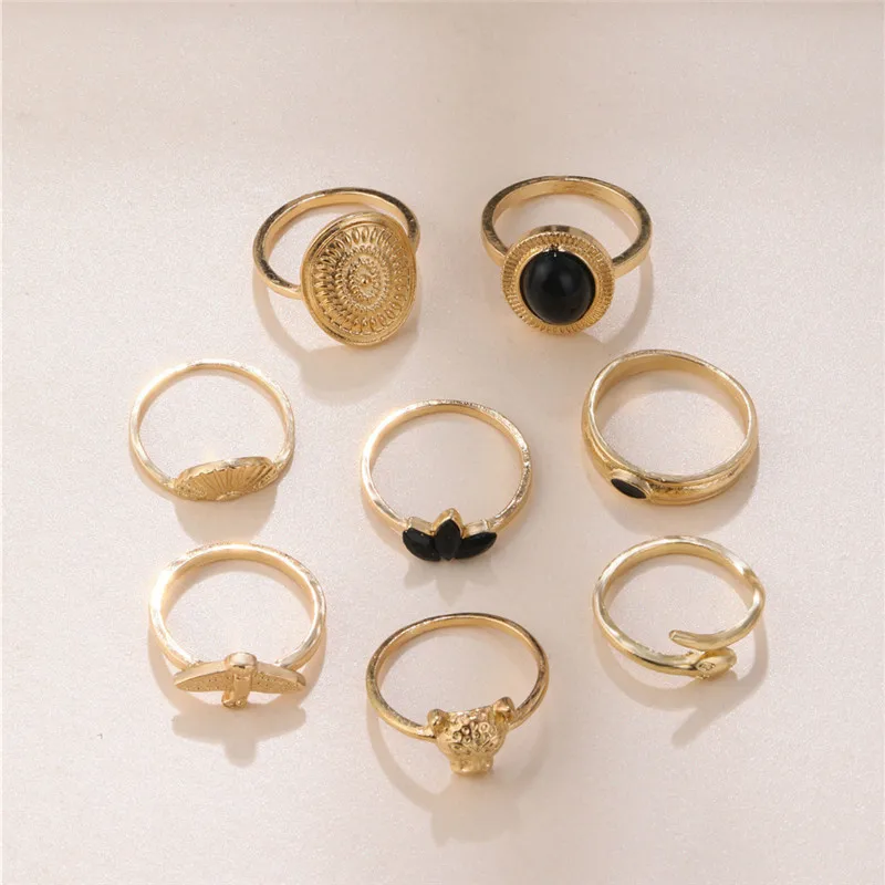 8pcs/set Vintage Gold Black Rhinestone Round Ring for Women Girl Boho Eagle Leopard Snake Knuckle Midi Ring Set Anillos
8pcs/set Vintage Gold Black Rhinestone Round Ring for Women Girl Boho Eagle Leopard Snake Knuckle Midi Ring Set Anillos