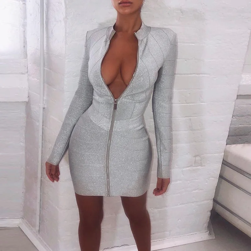 2021 Winter Sexy Long Sleeve Zipper Sparkly Glitter Gray Bandage Dress Designer Fashion Evening Party Dress Vestido XL
2021 Winter Sexy Long Sleeve Zipper Sparkly Glitter Gray Bandage Dress Designer Fashion Evening Party Dress Vestido XL