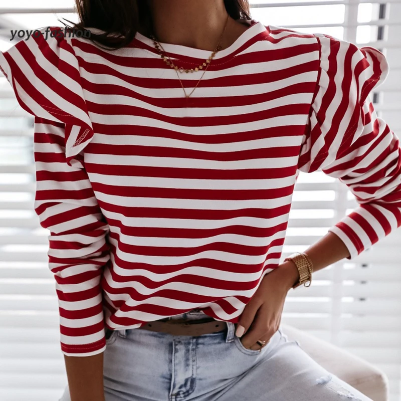 Spring Fashion Women's Striped Ruffles T-Shirts Tops Long Sleeved Tops Casual Party Round Neck Ruffle Shoulder Stylish Shirt
Spring Fashion Women's Striped Ruffles T-Shirts Tops Long Sleeved Tops Casual Party Round Neck Ruffle Shoulder Stylish Shirt