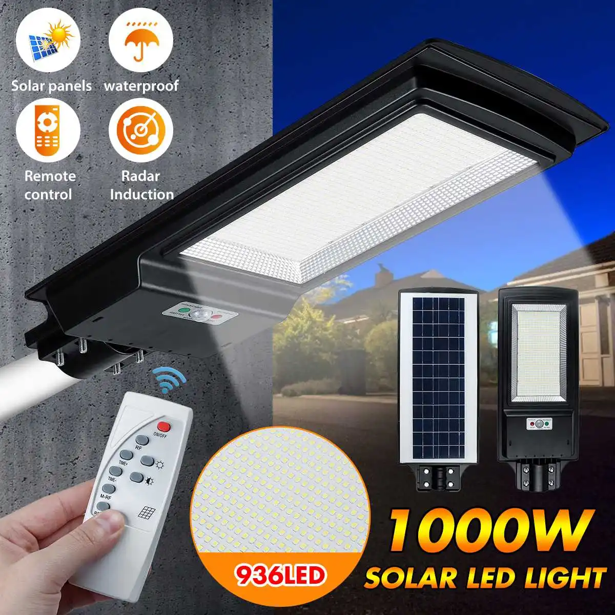 1000W 936 LED Solar Street Lights Outdoor Solar Lamp IP65 Waterproof PIR Motion Sensor Wall Light Security Lighting for Garden
1000W 936 LED Solar Street Lights Outdoor Solar Lamp IP65 Waterproof PIR Motion Sensor Wall Light Security Lighting for Garden