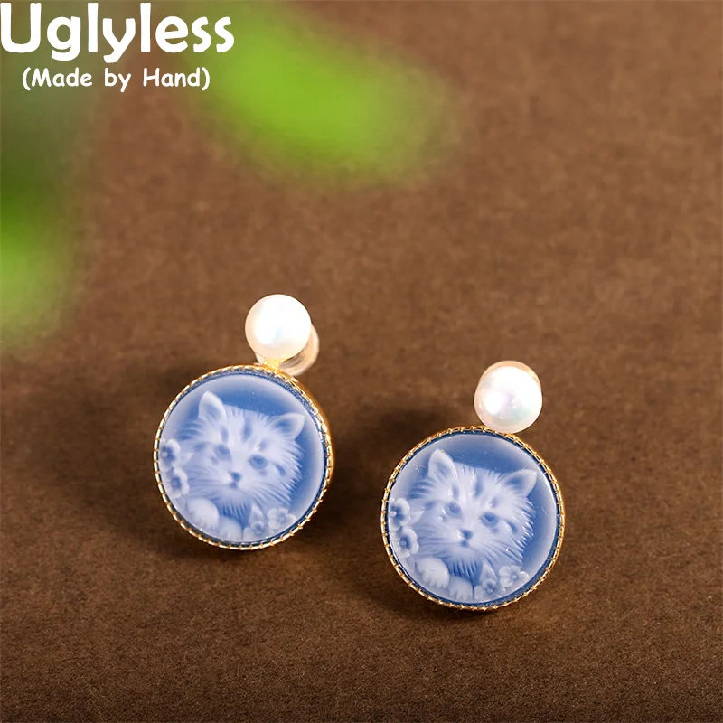 

Uglyless Rare Blue Agate Cat Studs Earrings for Women Nature Gemstones Pearls Brincos 925 Sterling Silver Earrings Cats Bijoux