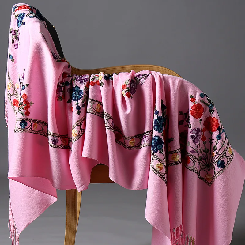 

Fashion Ladies Floral Embroidery Cashmere-like Warm Winter Wraps Scarf Shawls Female Pashmina Scarf Big Size 70*200cm