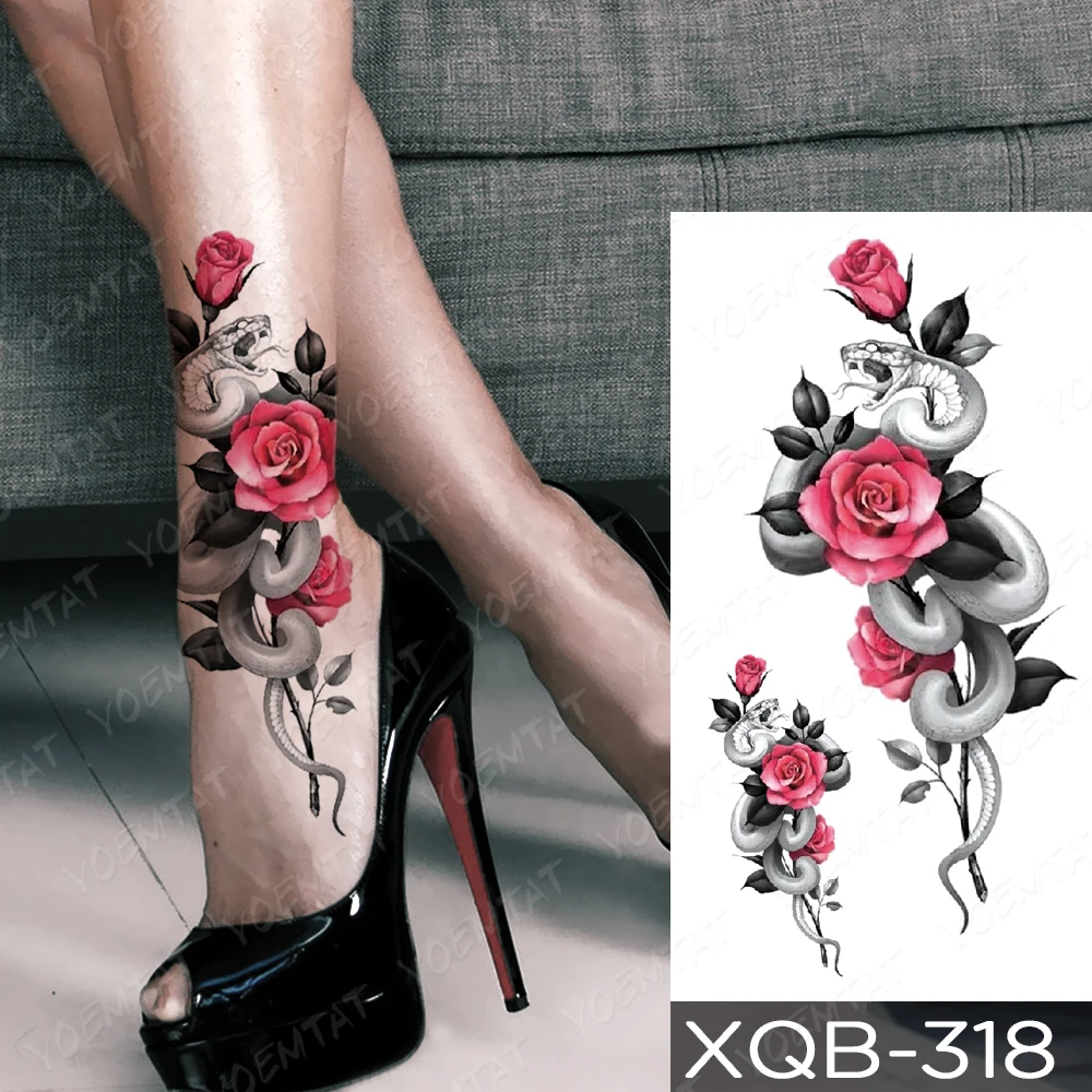 

Waterproof Temporary Tattoo Sticker Peacock Cat Flowers Tattoos Snake Rose Dragon Body Art Arm Fake Sleeve Tatoo Women