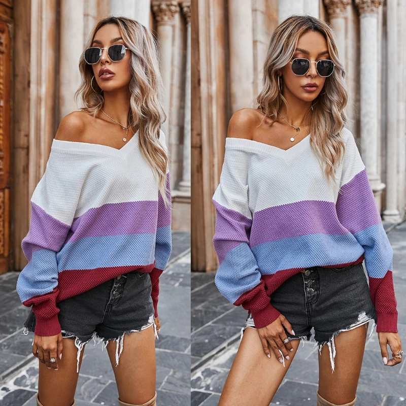 Women Autumn Long Sleeve Knitted Sweater Sexy V-Neck Drop Shoulder Pullover Tops Classic Color Block Stripes Casual Loose Jumper
Women Autumn Long Sleeve Knitted Sweater Sexy V-Neck Drop Shoulder Pullover Tops Classic Color Block Stripes Casual Loose Jumper