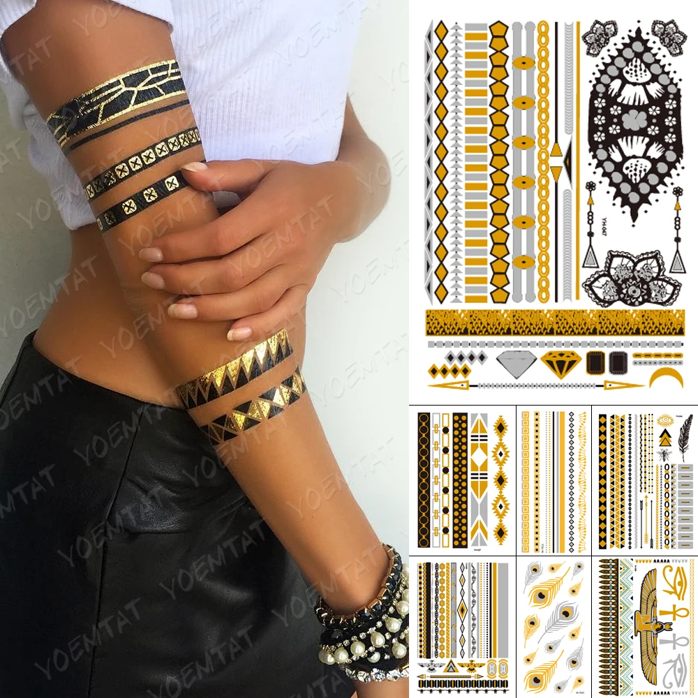 Waterproof Temporary Tattoo Sticker Metal Gold Silver Black Bracelet Diamond Mandala Flash Tatoo Henna Moon Body Art Fake Tatto
Waterproof Temporary Tattoo Sticker Metal Gold Silver Black Bracelet Diamond Mandala Flash Tatoo Henna Moon Body Art Fake Tatto
