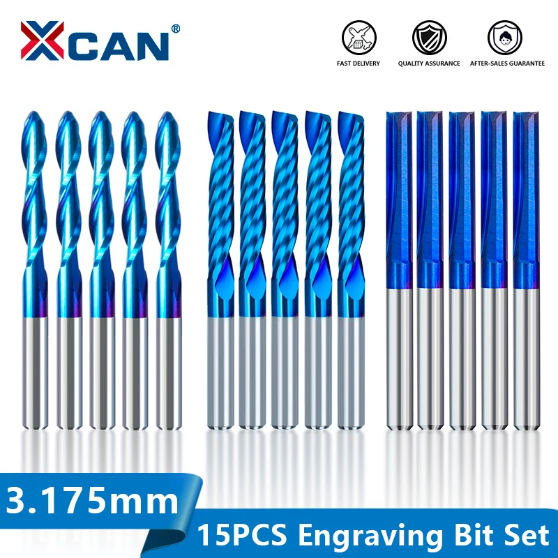 XCAN Router Bit 1/8 Shank 15pcs CNC Engraving Bit Nano Blue Coated Carbide End Mill One Flute/Ball Nose/Straight Milling Cutter
XCAN Router Bit 1/8 Shank 15pcs CNC Engraving Bit Nano Blue Coated Carbide End Mill One Flute/Ball Nose/Straight Milling Cutter