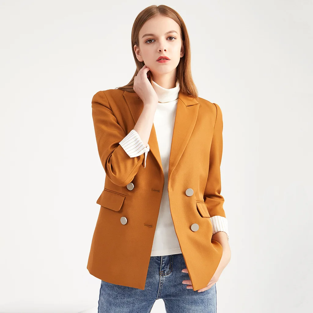 

Women Blazer 2021 Spring Autumn Notched Neck Double Breasted Office Lady Slim Suit Coats Casual Striped Cuffs Large Size Blazers