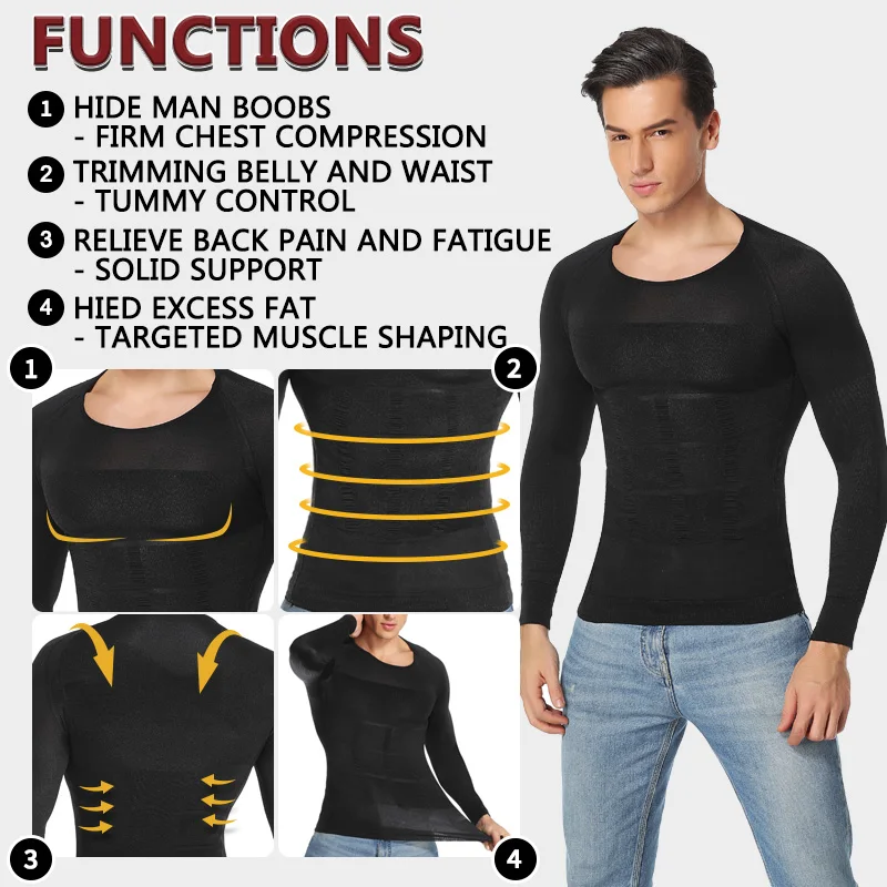 Мужские Корректирующее белье для похудения компрессионная рубашка с длинным