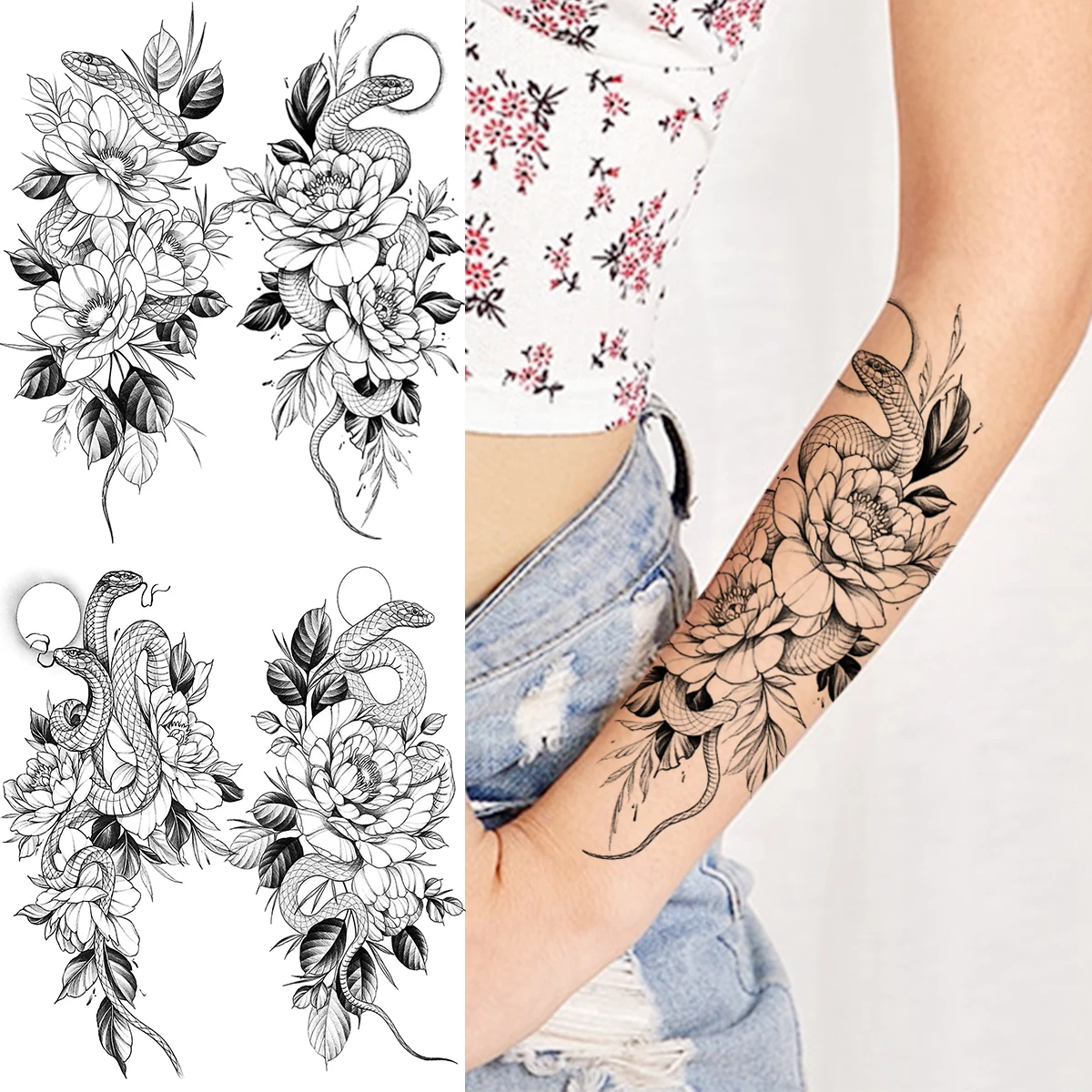 Fashion Peony Flower Snake Temporary Tattoos For Women Adult Rose Serpent Fake Tattoo Realistic Body Art Decoration Tatoos Paper
Fashion Peony Flower Snake Temporary Tattoos For Women Adult Rose Serpent Fake Tattoo Realistic Body Art Decoration Tatoos Paper