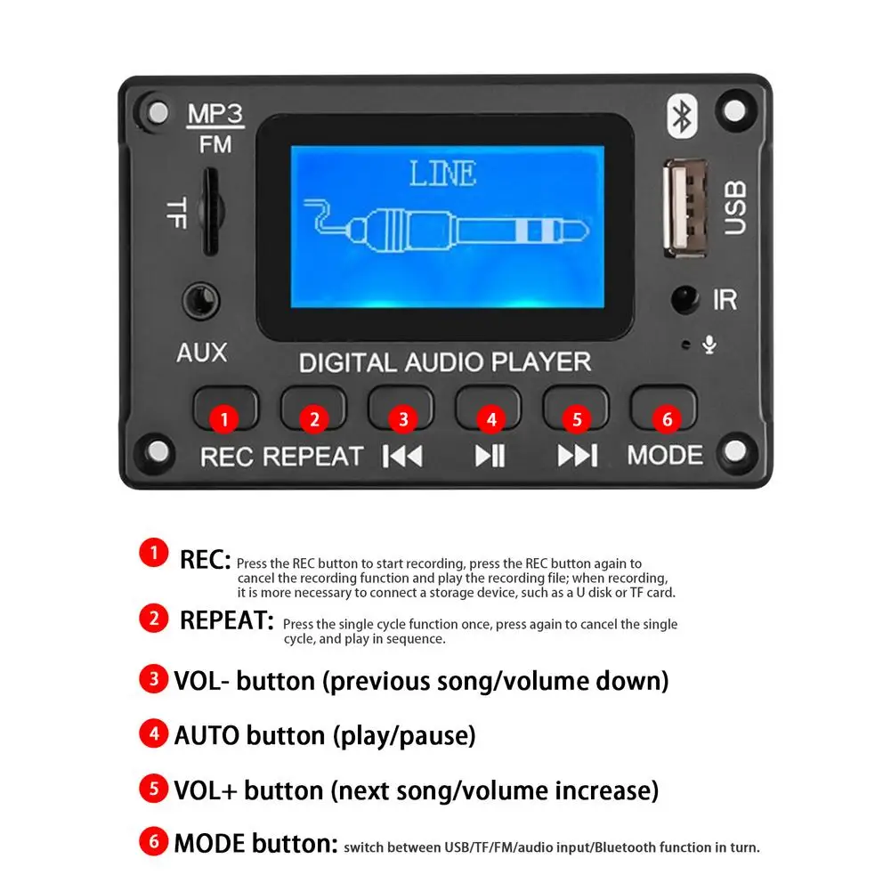 12V Car Bluetooth5.0 Decoding Board Module Wireless Auto USB Music Mp3 Player TF Card Slot FM Radio Aux Audio Input Interface 
12V Car Bluetooth5.0 Decoding Board Module Wireless Auto USB Music Mp3 Player TF Card Slot FM Radio Aux Audio Input Interface