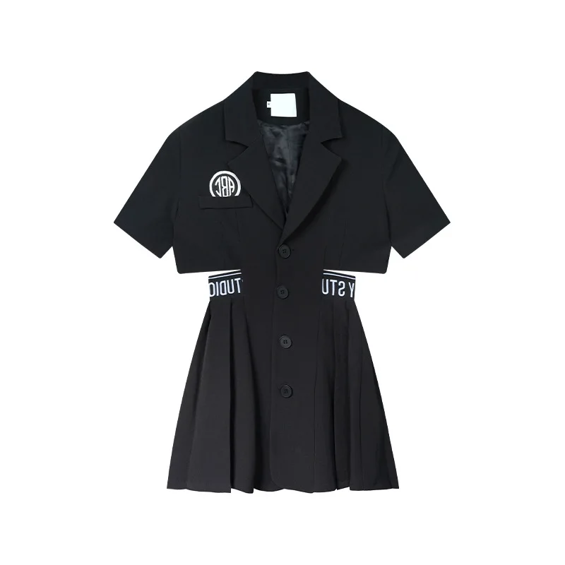 Spring Midriff Outfit Suit Pleated Dress Women Short Sleeve High Waist A Line Dress Female Single Breasted Preppy Style Dress 
Spring Midriff Outfit Suit Pleated Dress Women Short Sleeve High Waist A Line Dress Female Single Breasted Preppy Style Dress
