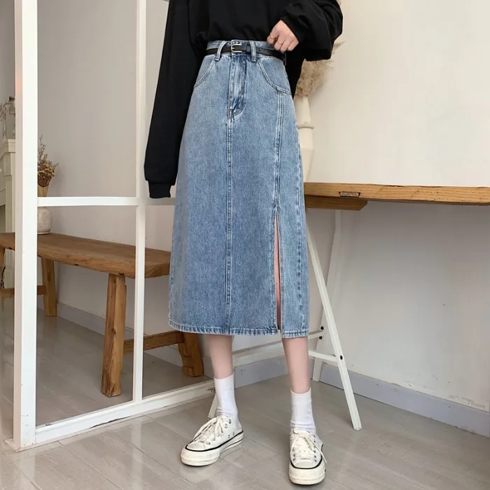 High Waist Slit Denim Skirt for Women Spring/Summer 2021 New Retro Loose All-Match Mid-Length A- line Skirt 
High Waist Slit Denim Skirt for Women Spring/Summer 2021 New Retro Loose All-Match Mid-Length A- line Skirt