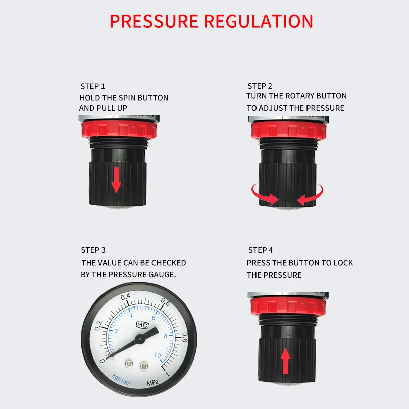 BC4000 1/2 PT Air Tool Compressor Filter Pneumatic Air Filter Pressure Regulator Kit0-1.0MPawith Gauge and Lubricator Cup 
BC4000 1/2 PT Air Tool Compressor Filter Pneumatic Air Filter Pressure Regulator Kit0-1.0MPawith Gauge and Lubricator Cup