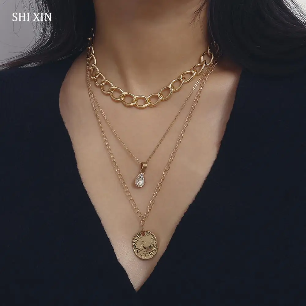 Многослойная цепочка SHIXIN подвеска в виде монеты с кристаллами ожерелье для