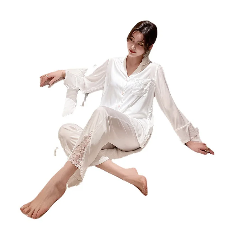 White Lace Trim 2PCS Pajamas Suit for Women Shirt&Pant Pyjama Nightwear 2021 Spring Summer New Sleepwear Ice Silk Home Clothes
White Lace Trim 2PCS Pajamas Suit for Women Shirt&Pant Pyjama Nightwear 2021 Spring Summer New Sleepwear Ice Silk Home Clothes