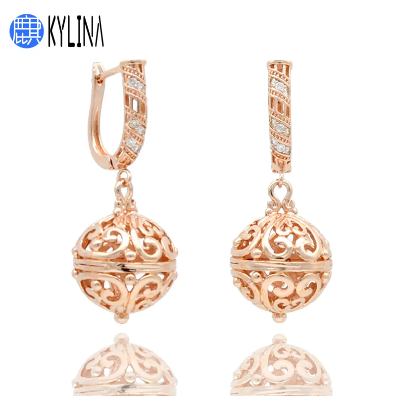 KYLINA 585 Rose Gold Large Vintage Ethnic Hollow Ball Dangle Earrings For Women Girl Wedding Party Fine Anti-allergy Jewelry | Украшения и