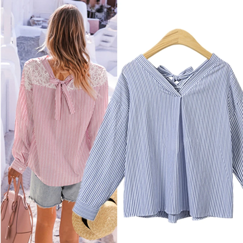 Stripe Blouse Lace Long Sleeve Women Bow Lace-up Shirts Female Loose Lady Plus Size Casual Shirts Blue Red Black Spring Autumn
Stripe Blouse Lace Long Sleeve Women Bow Lace-up Shirts Female Loose Lady Plus Size Casual Shirts Blue Red Black Spring Autumn