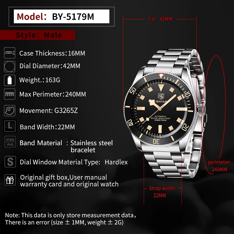BENYAR New Luxury Military 2021 Men's Watch 100M Waterproof Watch Automatic Movement Male Accessories Stainless Steel Luminous
BENYAR New Luxury Military 2021 Men's Watch 100M Waterproof Watch Automatic Movement Male Accessories Stainless Steel Luminous