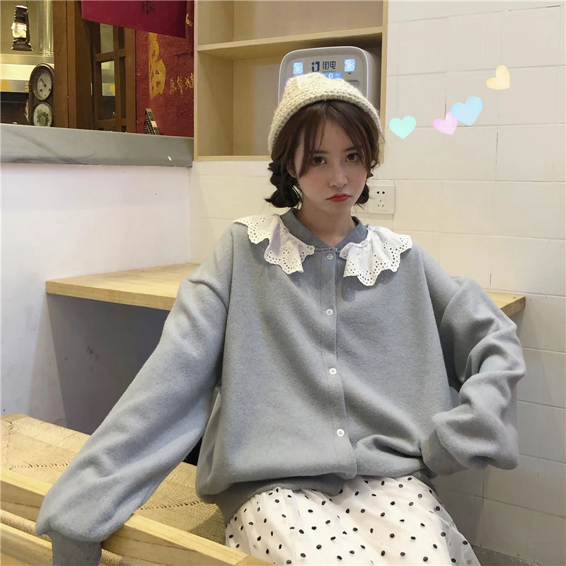 Japanese Autumn Winter Sweater Cardigan Women Solid Button Patchwork Lace Neck Loose Knitted Sweater Fashion 2019 Jumper Female 
Japanese Autumn Winter Sweater Cardigan Women Solid Button Patchwork Lace Neck Loose Knitted Sweater Fashion 2019 Jumper Female