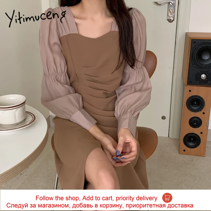 

Yitimuceng Irregular Dresses for Women Fashion High Waist Folds Elegant Long Dress Puff Sleeve Black Khaki Sundress 2021 Spring