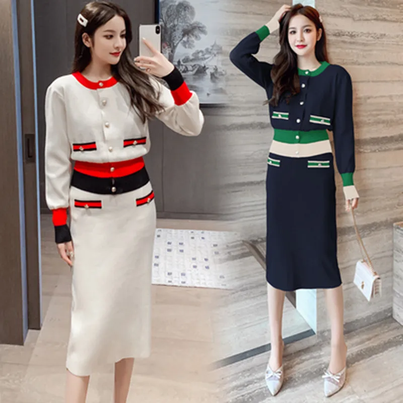 Korean Knitted 2 Piece Skirt Sets Women Single-breasted Splicing Sweaters + Elastic Force Skirt Suits Casual Fashion Elegant Set 
Korean Knitted 2 Piece Skirt Sets Women Single-breasted Splicing Sweaters + Elastic Force Skirt Suits Casual Fashion Elegant Set
