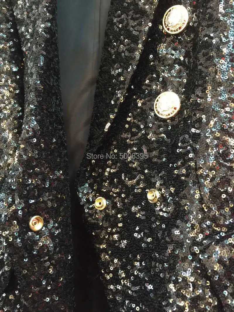 Black Shiny Sequined Blazer Suit Lapel Collar Front Double Breasted Gold buttons up Long Sleeves Amazing Fashion high quality
Black Shiny Sequined Blazer Suit Lapel Collar Front Double Breasted Gold buttons up Long Sleeves Amazing Fashion high quality