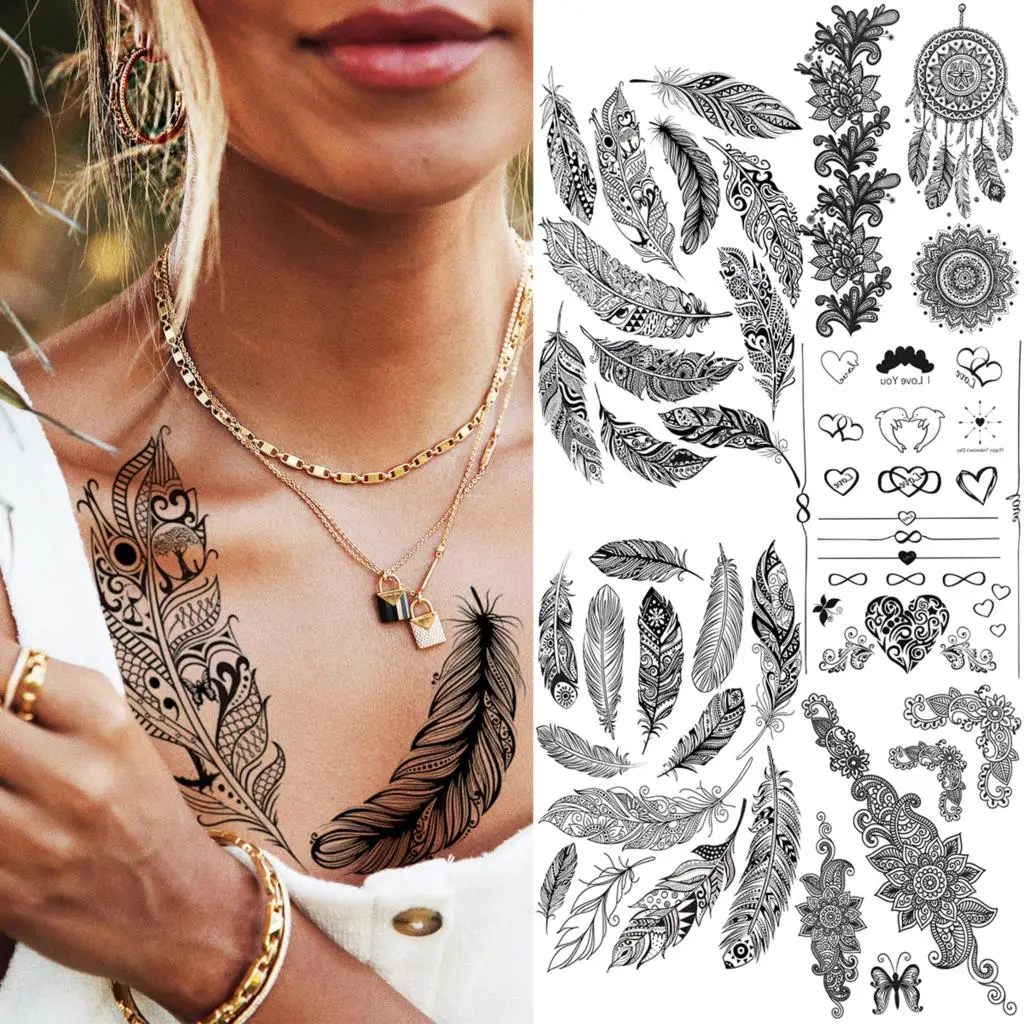 Realistic Black Feathers Temporary Tattoos For Women Adult Mandala Dream Catcher Henna Fake Tattoo Chest Waterproof Tatoos Decal
Realistic Black Feathers Temporary Tattoos For Women Adult Mandala Dream Catcher Henna Fake Tattoo Chest Waterproof Tatoos Decal