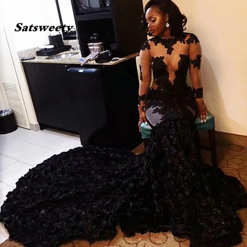 

African Black Prom Dresses Mermaid Sheer Neckline Appliques Long Sleeves Evening Dress Long Sweep Train arabic dresses dubai Par