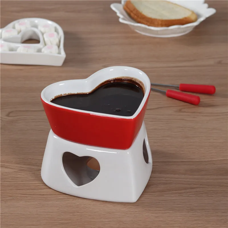 Набор для шоколадного фондю из Красного фарфора в форме сердца|chocolate fondue set|fondue