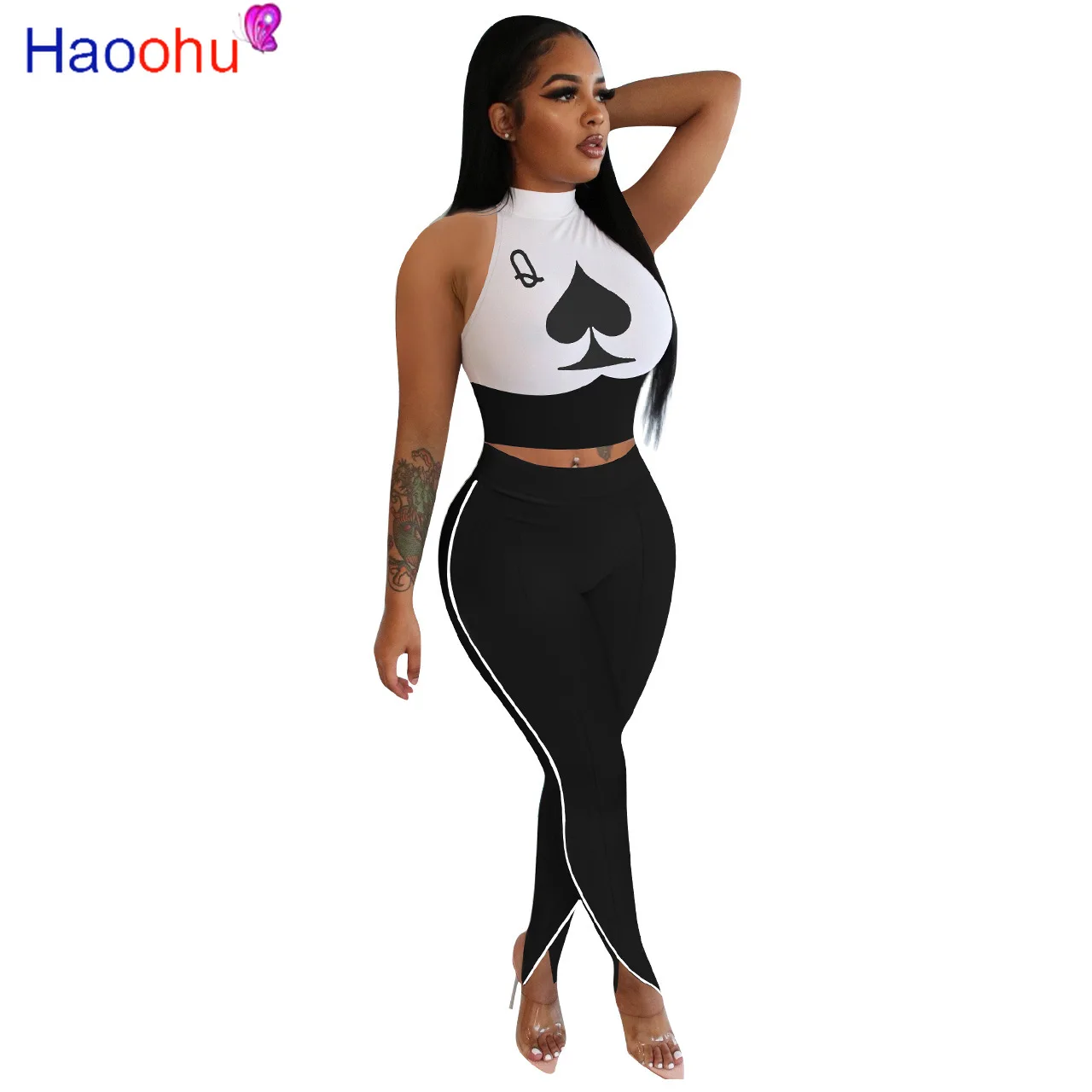 HAOOHU Sexy Black Poker Two Piece Pant Set Women Sleeveless Patchwork Crop Top And Long Pant Suits Fitness Outfits
HAOOHU Sexy Black Poker Two Piece Pant Set Women Sleeveless Patchwork Crop Top And Long Pant Suits Fitness Outfits