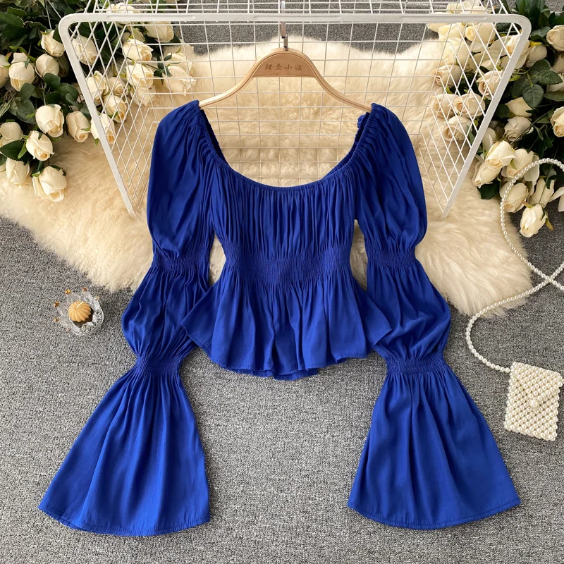 Women Blue Shirt Long Flare Sleeve Blouse Elegant Ladies Square Neck Ruched Crop Top 2022 New Autumn Fashion Female Tops Blusas
Women Blue Shirt Long Flare Sleeve Blouse Elegant Ladies Square Neck Ruched Crop Top 2022 New Autumn Fashion Female Tops Blusas