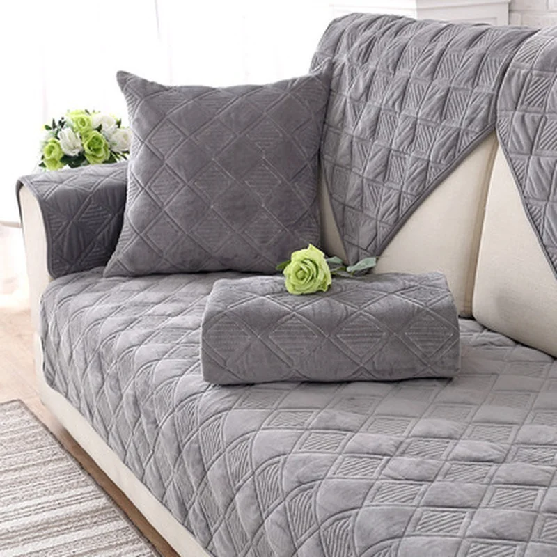 

Short Plush Grey Color Sofa Towel Brief Thicken Quilted Sofa Cover Slip Resistant Couch Cover 1/2/3-seater Sofas for Living Room