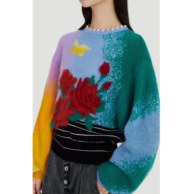 Color Block Rose Jacquard Knit Sweater Women 2021 Autumn Winter Wool Bend Sweater Jumpers Chic Pearls Crew Neck Pullover Sweater
Color Block Rose Jacquard Knit Sweater Women 2021 Autumn Winter Wool Bend Sweater Jumpers Chic Pearls Crew Neck Pullover Sweater
