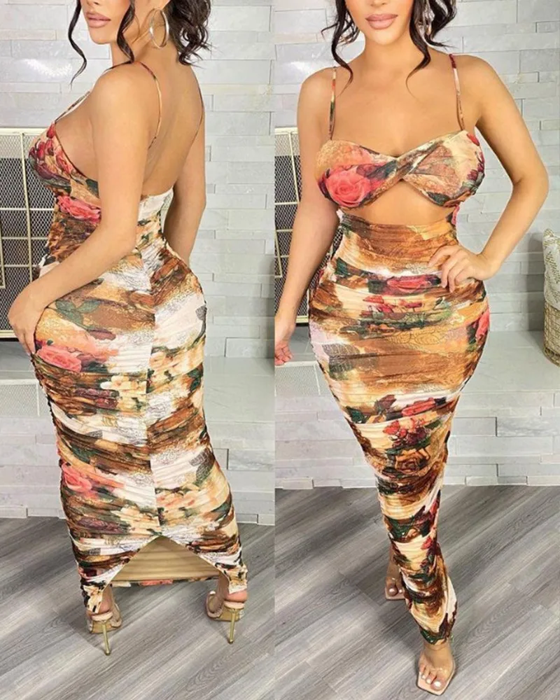 

Floral Print Cutout Backless Ruched Cami Skinny Dress Women Summer 2021 New Sexy Maxi Dresses