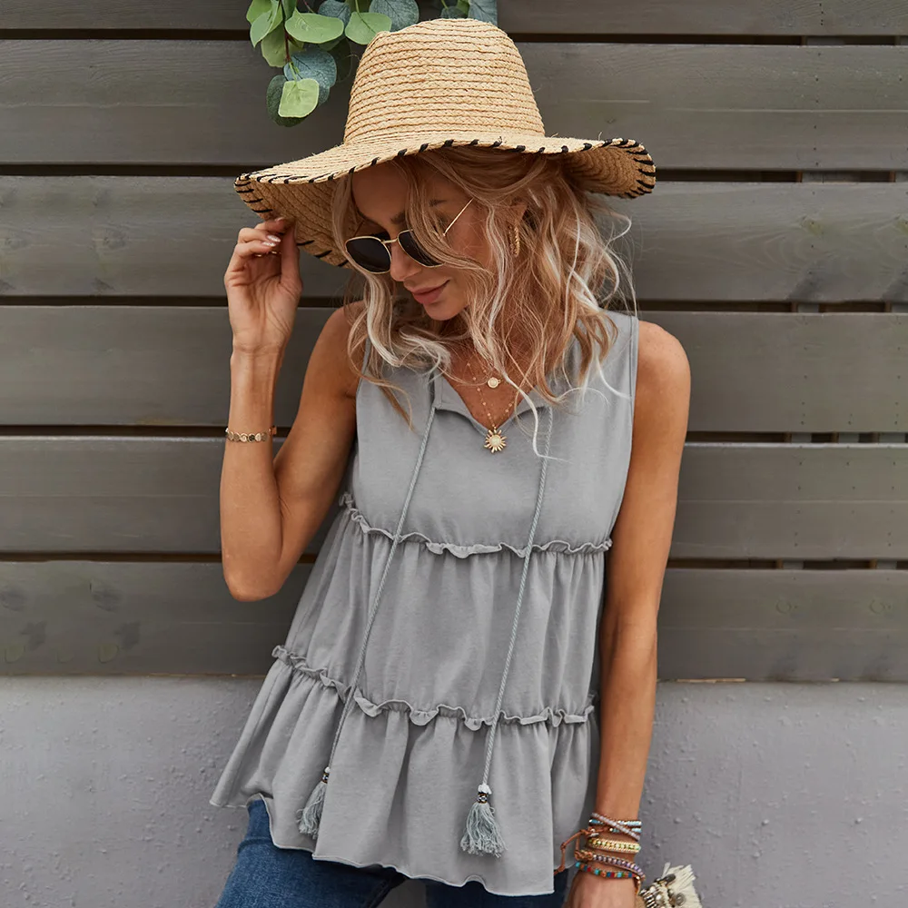 Classic Gray Casual Women Summer T Shirts Simple Turn-down Collar Sleeveless Ladies Tassel Solid Cotton T Shirts Tops
Classic Gray Casual Women Summer T Shirts Simple Turn-down Collar Sleeveless Ladies Tassel Solid Cotton T Shirts Tops