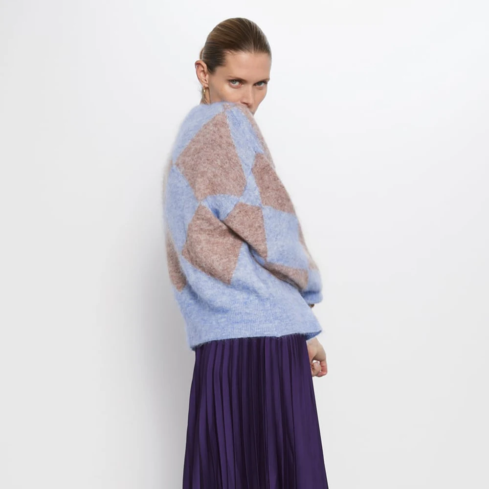 2019 ZA вязаный свитер зимний женский пуловер с алмазным узором Круглый воротник