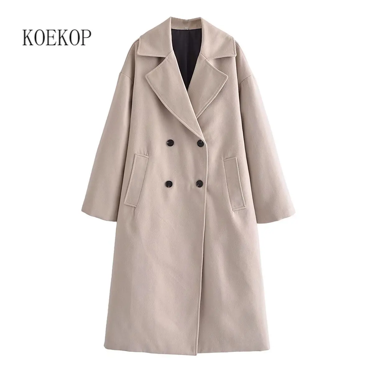 

Женское двубортное длинное пальто Koekop, однотонное повседневное пальто цвета хаки с отложным воротником и длинными рукавами, зимняя верхняя...