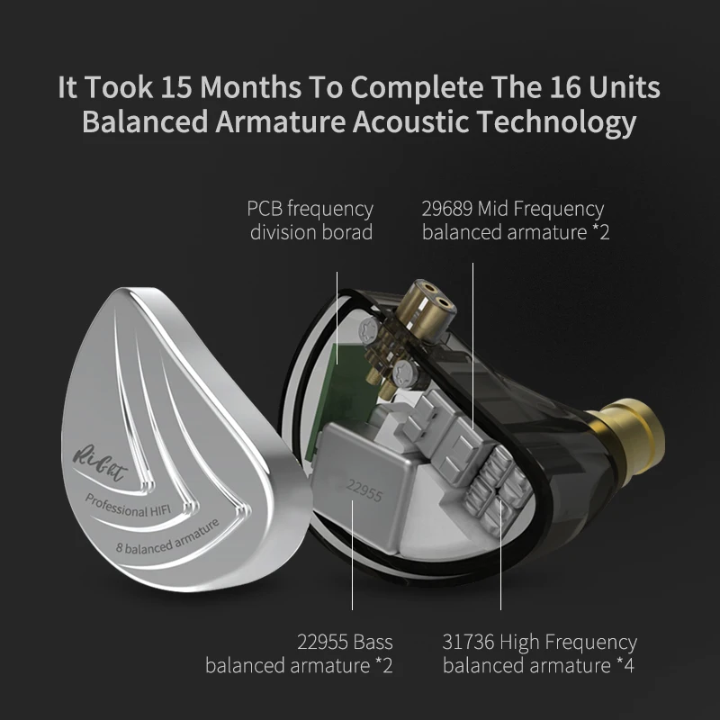KZ AS16 16-Unit металлическая гарнитура 8BA сбалансированная арматура HIFI бас