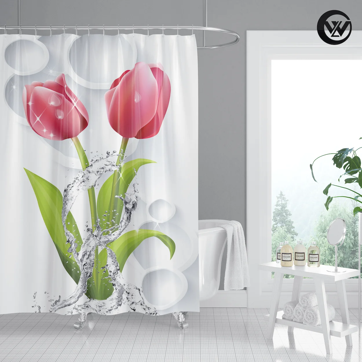 

2020 г., водонепроницаемая тканевая занавеска для ванной и душа с принтом красных тюльпанов, модные белые шторы для ванной комнаты
