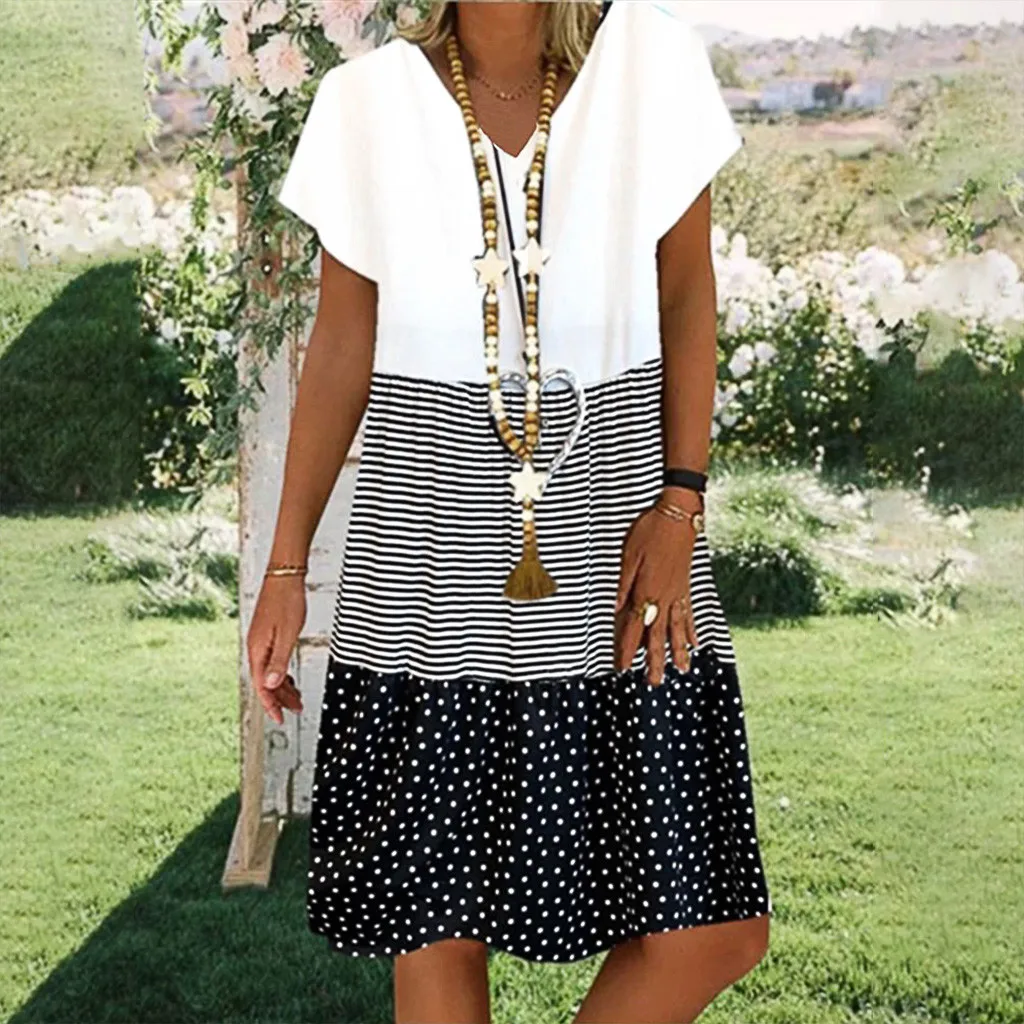 2021 Summer Women Dress Cotton V-neck Short Sleeve Stripe Midi Dress Stitching Large Swing Casual Loose Dress Vestido Sundress
2021 Summer Women Dress Cotton V-neck Short Sleeve Stripe Midi Dress Stitching Large Swing Casual Loose Dress Vestido Sundress