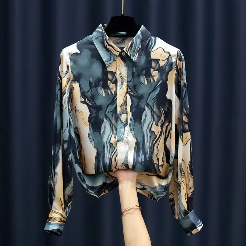 

New Women Print Satin Silk Blouses Shirts Female Loose Casual Full Long Sleeves Office Ladies Elegant Shirt Chic Chemise A03