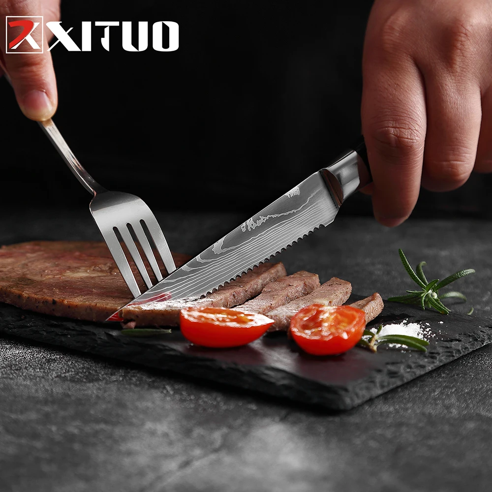 Набор ножей для стейка XITUO из нержавеющей стали с Дамасским узором зубчатый нож