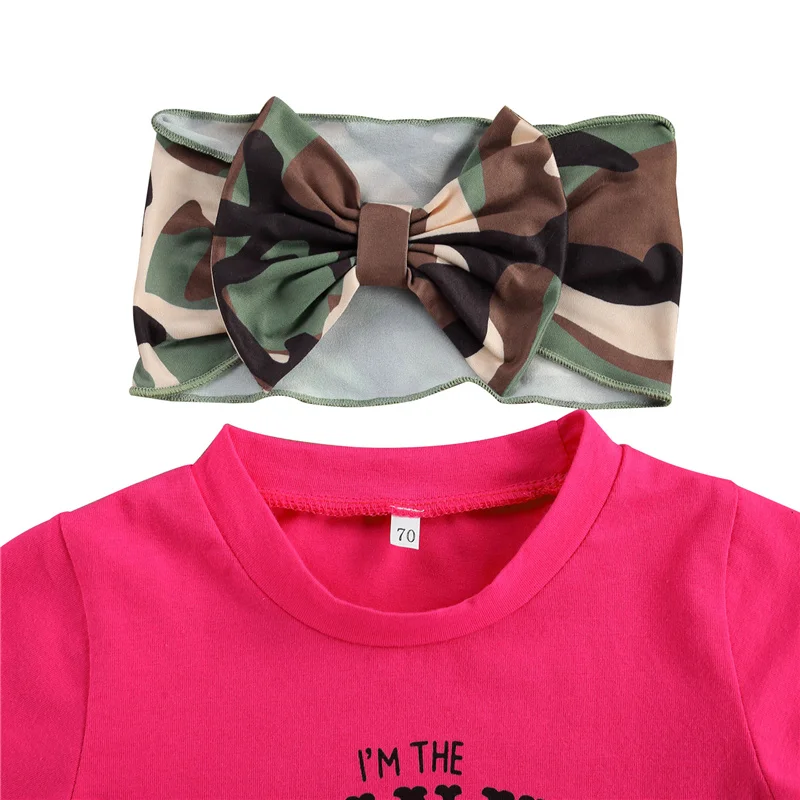 Summer Kids Suit Set 3 Pieces, Letter Print Round Neck Short Sleeve Tops+ Camouflage Print Shorts+ Headband
Summer Kids Suit Set 3 Pieces, Letter Print Round Neck Short Sleeve Tops+ Camouflage Print Shorts+ Headband