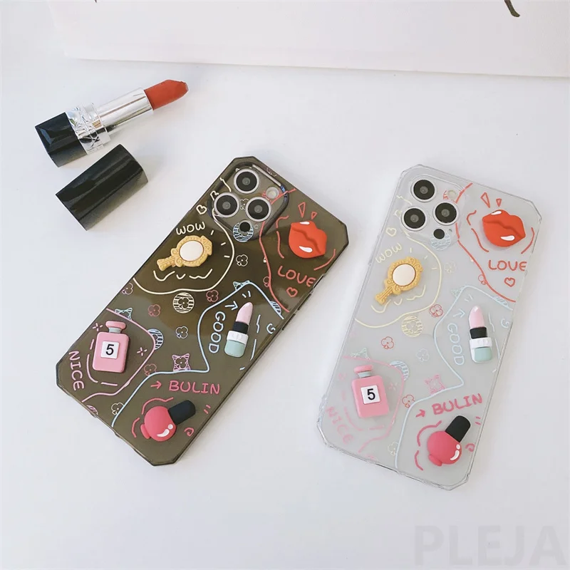 3D Cute Woman Cosmetics Phone Case For iPhone XS 12 mini 11 Pro Max 7 8 Plus X XR SE 2020 Protection Capa Transparent Soft Cover | Мобильные