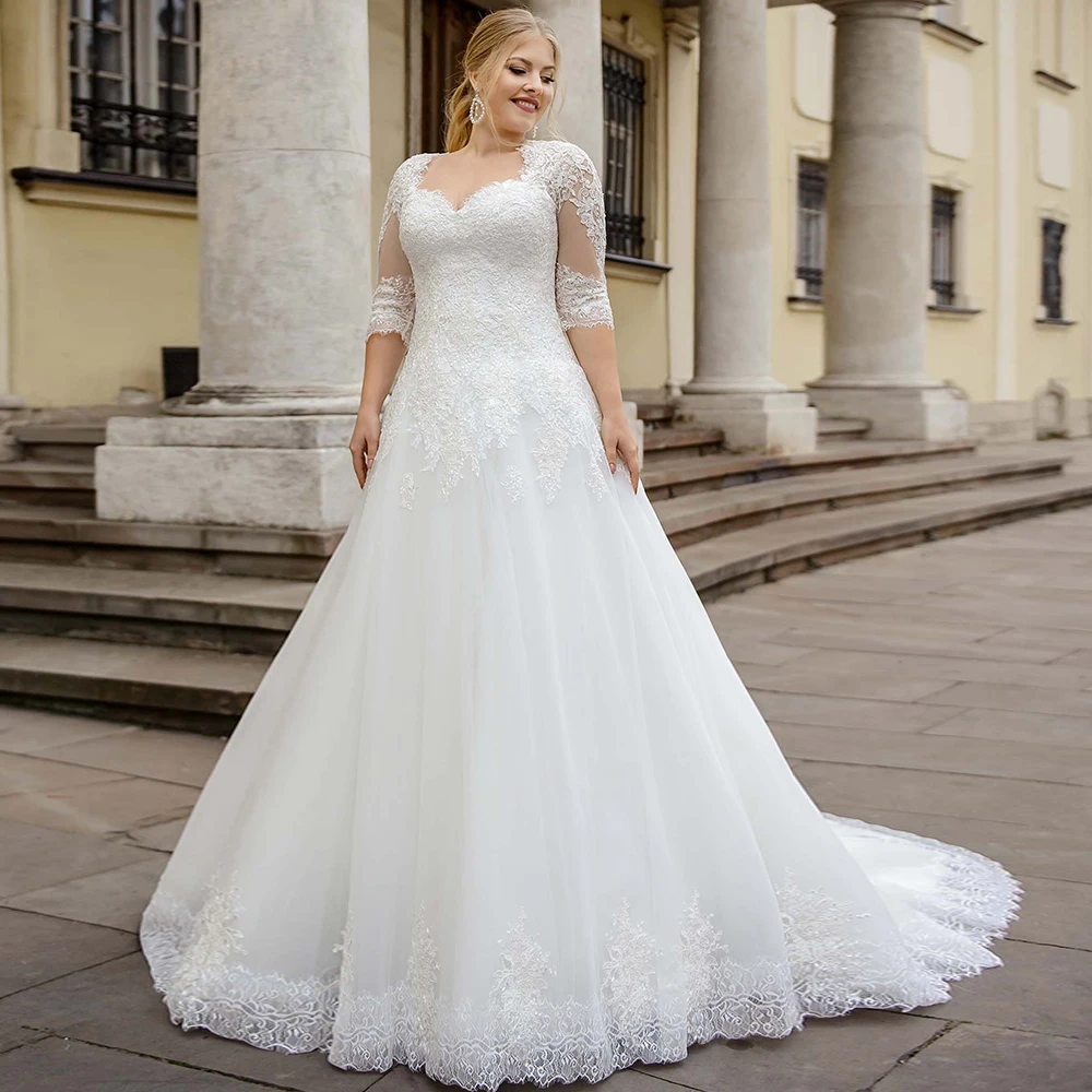 

Plus Size A-line Wedding Dress 2021 Sweetheart Half Sleeves Lace Chapel Train Tulle Bridal Gown with Applique Vestido De Novia