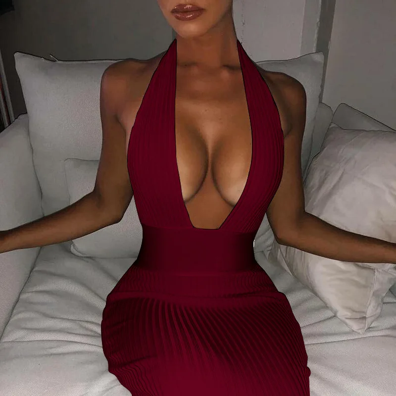 

Summer Party Bodycon Dresses Knitted Sexy Halter Maxi Dress for Women 2021 Red Black Strench Backless Long Club Outwear Vestidos