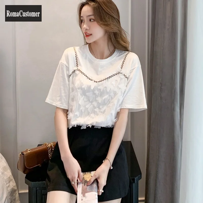 Elegant Casual Womens Summer New T-Shirts Fake Two Lace Spliced Blouse Loose Short Sleeve O-Neck Pullover Korean Female Tops
Elegant Casual Womens Summer New T-Shirts Fake Two Lace Spliced Blouse Loose Short Sleeve O-Neck Pullover Korean Female Tops